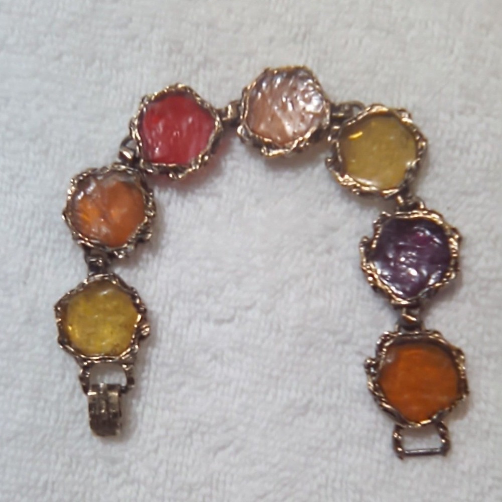 Artisan Multicolored Gemstone Link Bracelet Gold Tone‎ Women's Fashion Jewelry - Picture 3 of 8